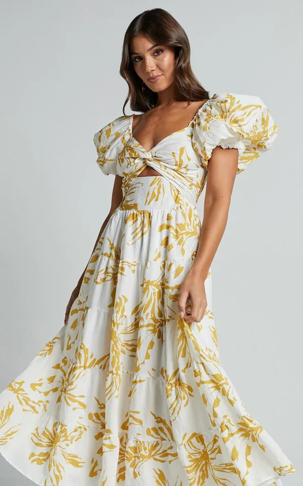 Showpo Jamaella Midi Dress 8211 Short Puff Sleeve Front Cut Out Dress In White Floral Women Dresses