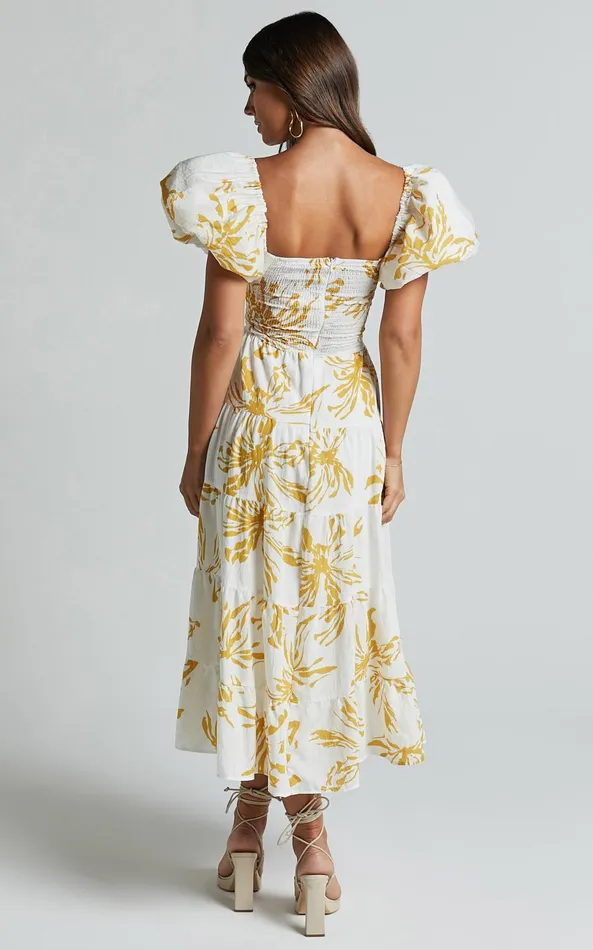 Showpo Jamaella Midi Dress 8211 Short Puff Sleeve Front Cut Out Dress In White Floral Women Dresses