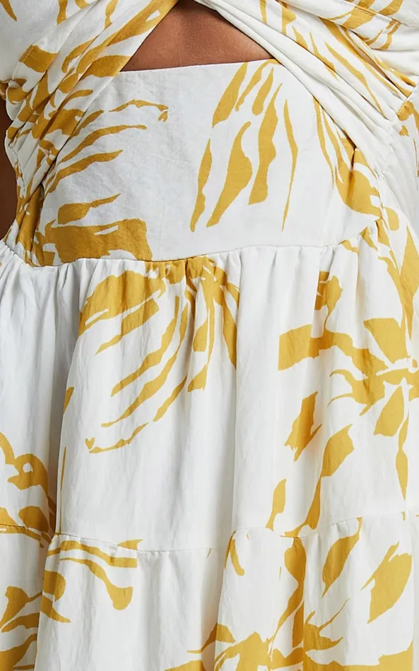 Showpo Jamaella Midi Dress 8211 Short Puff Sleeve Front Cut Out Dress In White Floral Women Dresses