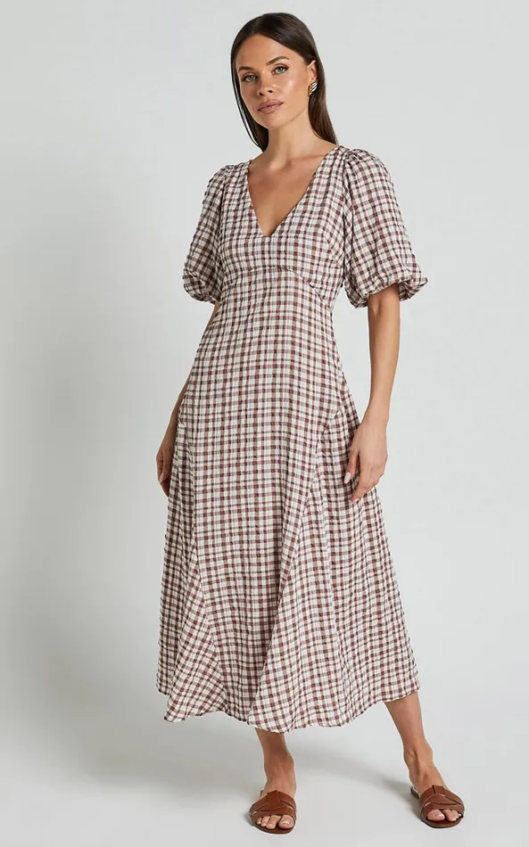 Showpo Jameela Midi Dress 8211 V Neck Short Puff Sleeve Godet A Line Smock Dress In Chocolate Gingham Women Dresses Showpo Jameela Midi Dress 8211 V Neck Short Puff Sleeve Godet A Line Smock Dress In Chocolate Gingham Women Dresses
