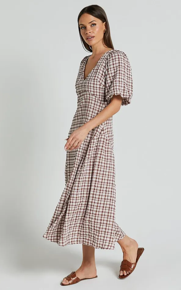 Showpo Jameela Midi Dress 8211 V Neck Short Puff Sleeve Godet A Line Smock Dress In Chocolate Gingham Women Dresses