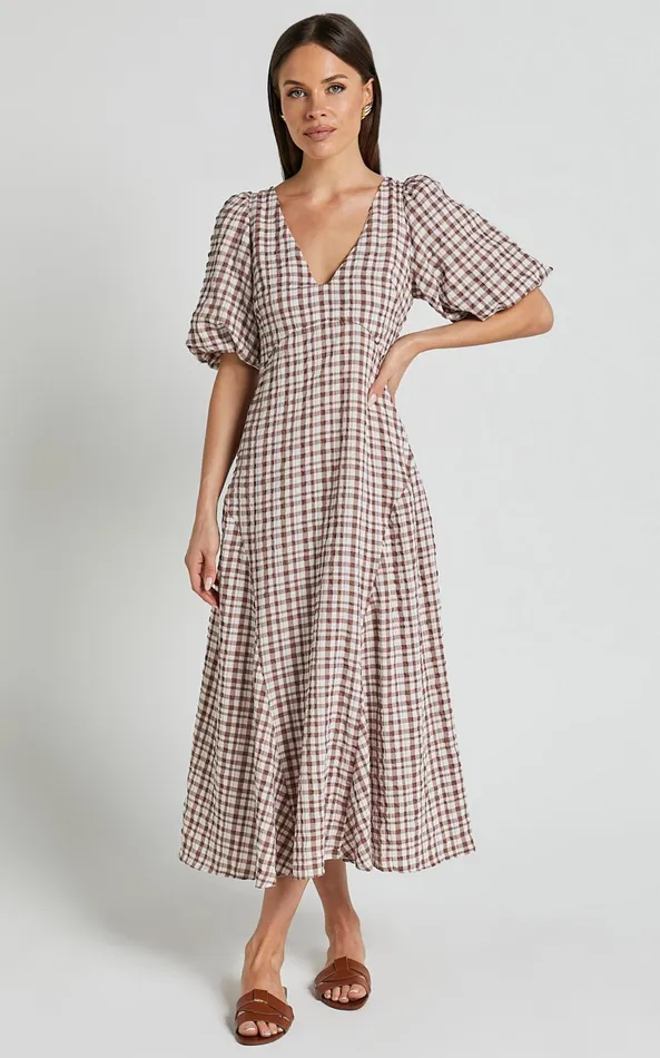 Showpo Jameela Midi Dress 8211 V Neck Short Puff Sleeve Godet A Line Smock Dress In Chocolate Gingham Women Dresses