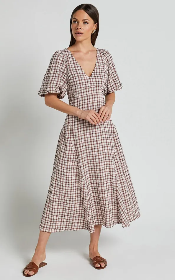 Showpo Jameela Midi Dress 8211 V Neck Short Puff Sleeve Godet A Line Smock Dress In Chocolate Gingham Women Dresses