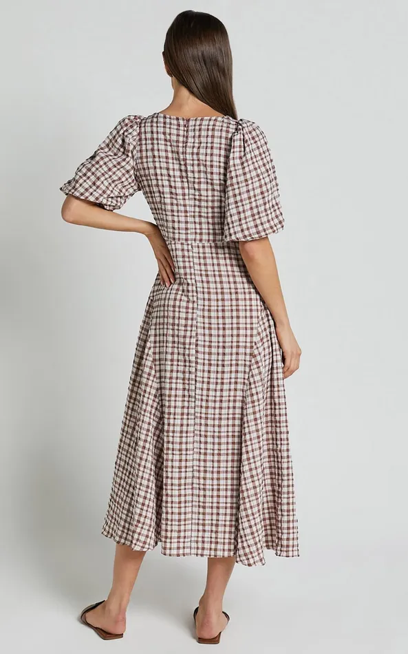 Showpo Jameela Midi Dress 8211 V Neck Short Puff Sleeve Godet A Line Smock Dress In Chocolate Gingham Women Dresses