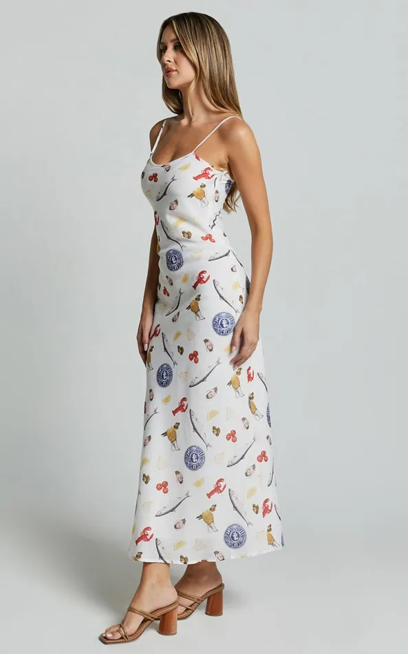 Showpo Jamilla Midi Dress 8211 Bias Cut Linen Look Midi Slip Dress In Seaside Print Women Dresses