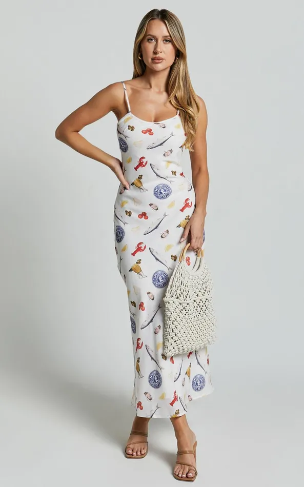 Showpo Jamilla Midi Dress 8211 Bias Cut Linen Look Midi Slip Dress In Seaside Print Women Dresses
