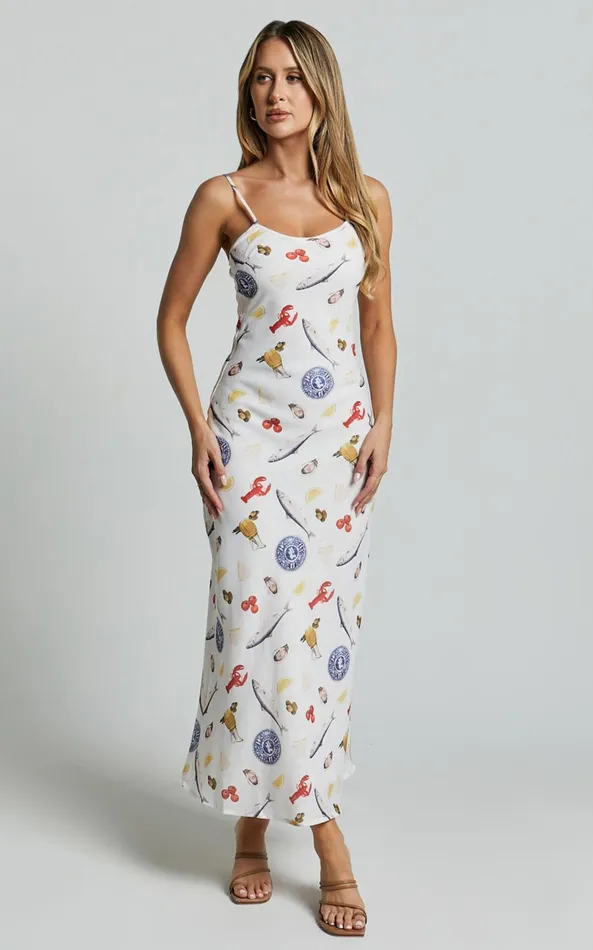 Showpo Jamilla Midi Dress 8211 Bias Cut Linen Look Midi Slip Dress In Seaside Print Women Dresses