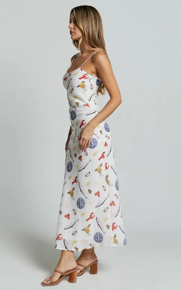Showpo Jamilla Midi Dress 8211 Bias Cut Linen Look Midi Slip Dress In Seaside Print Women Dresses