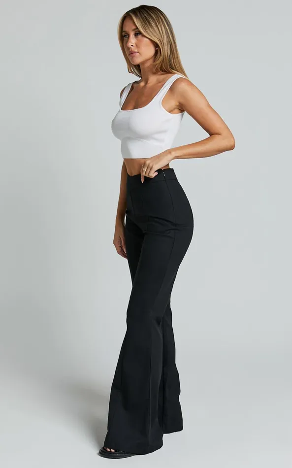 Showpo Jamir Pants 8211 Linen Look High Waisted Fit And Flare Pants In Black Women Basics