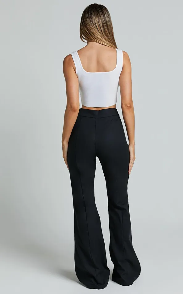Showpo Jamir Pants 8211 Linen Look High Waisted Fit And Flare Pants In Black Women Basics