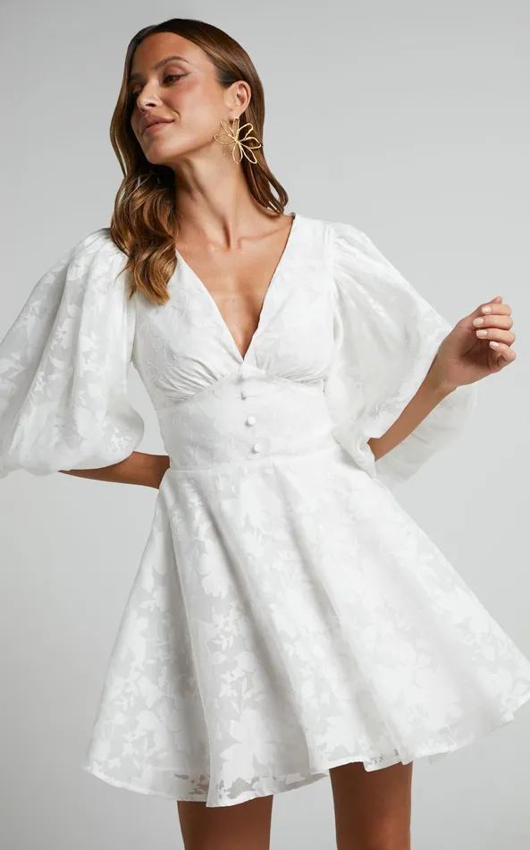 Showpo Jammae Mini Dress 8211 Puff Sleeve Dress In White Women Dresses