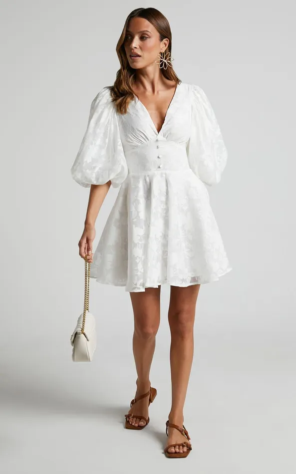 Showpo Jammae Mini Dress 8211 Puff Sleeve Dress In White Women Dresses