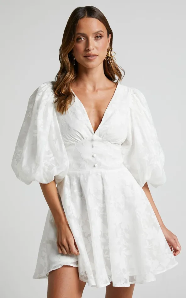 Showpo Jammae Mini Dress 8211 Puff Sleeve Dress In White Women Dresses