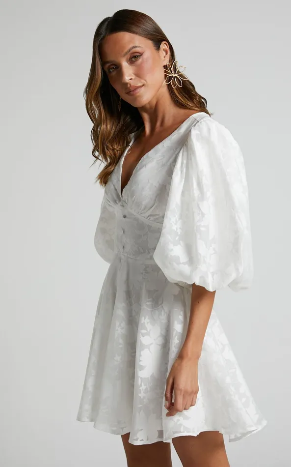 Showpo Jammae Mini Dress 8211 Puff Sleeve Dress In White Women Dresses