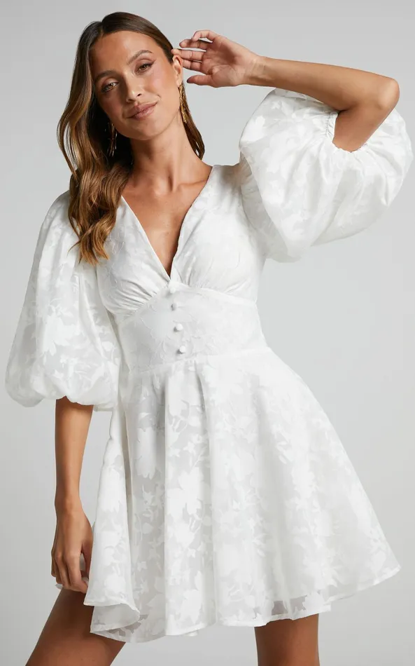 Showpo Jammae Mini Dress 8211 Puff Sleeve Dress In White Women Dresses