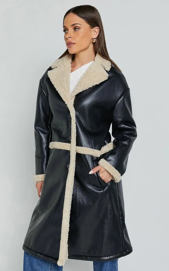 Showpo Jan Coat 8211 Longline Faux Shearling Aviator Coat In Black Women Jackets and Coats