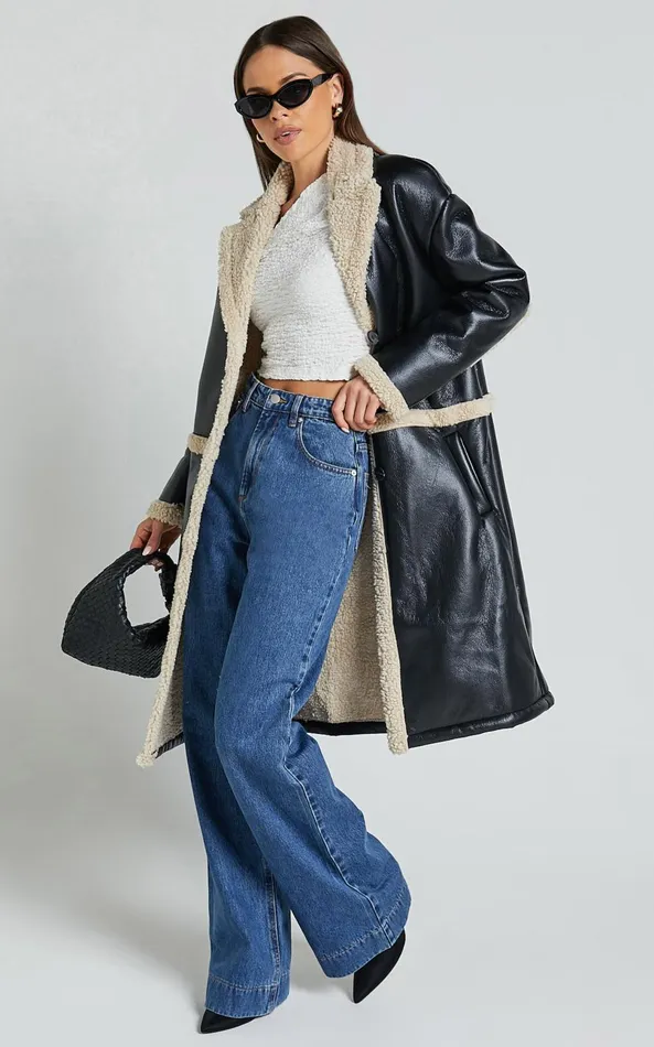 Showpo Jan Coat 8211 Longline Faux Shearling Aviator Coat In Black Women Jackets and Coats