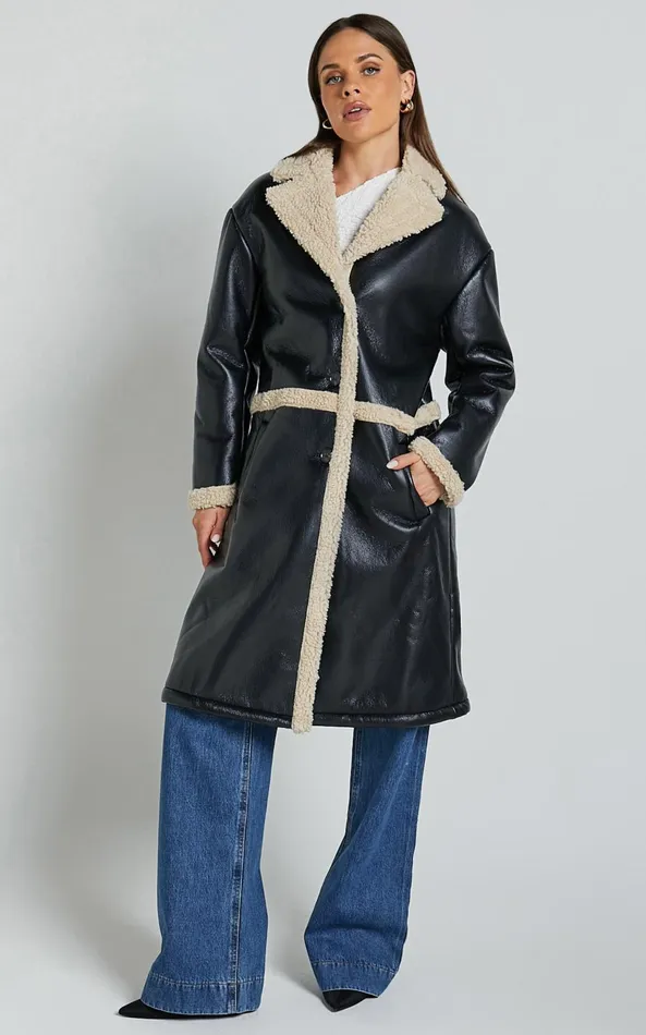 Showpo Jan Coat 8211 Longline Faux Shearling Aviator Coat In Black Women Jackets and Coats