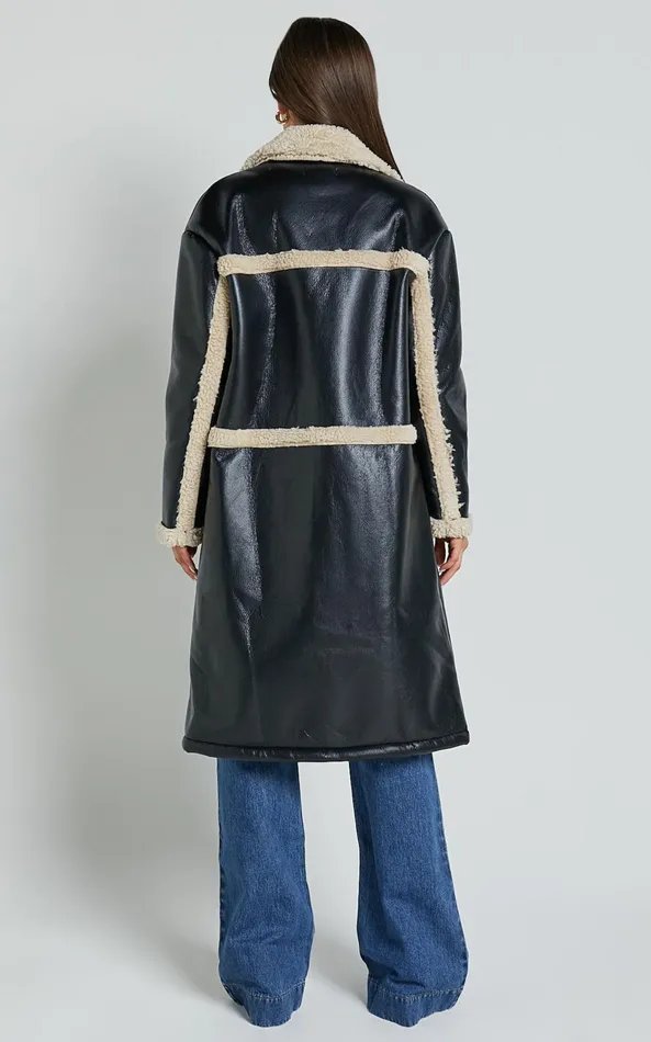 Showpo Jan Coat 8211 Longline Faux Shearling Aviator Coat In Black Women Jackets and Coats