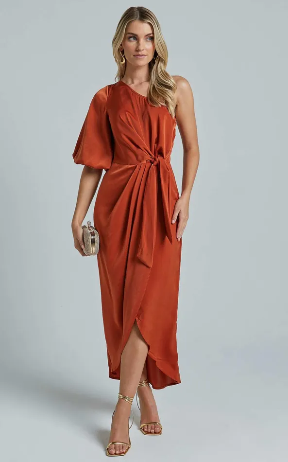 Showpo Janae Midi Dress 8211 One Shoulder 34 Sleeve Wrap In Copper Women Dresses Showpo Janae Midi Dress 8211 One Shoulder 34 Sleeve Wrap In Copper Women Dresses
