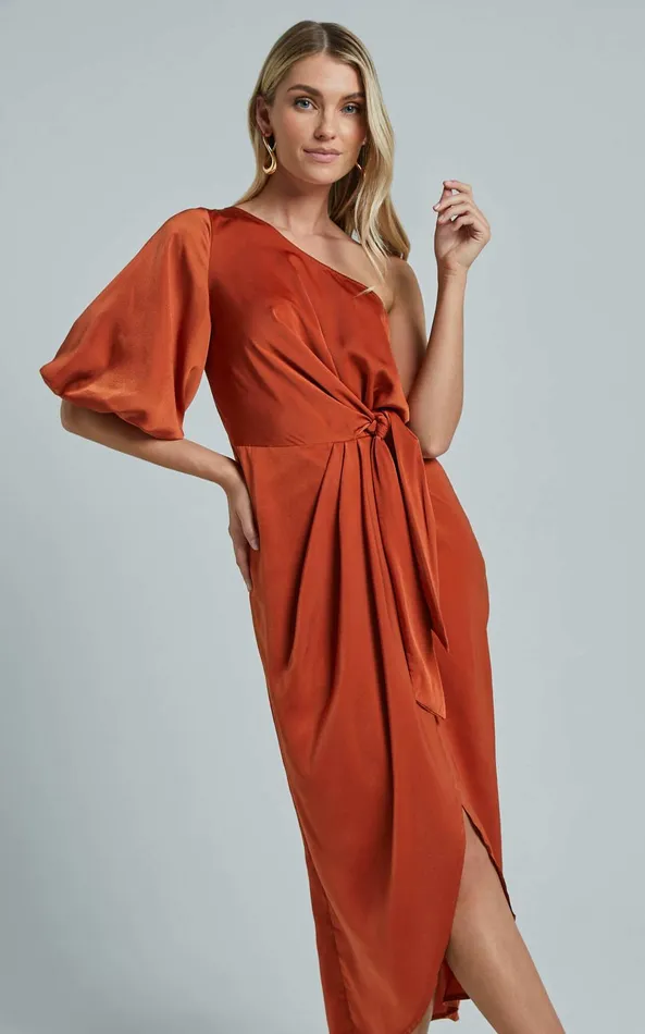 Showpo Janae Midi Dress 8211 One Shoulder 34 Sleeve Wrap In Copper Women Dresses