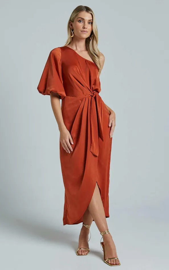 Showpo Janae Midi Dress 8211 One Shoulder 34 Sleeve Wrap In Copper Women Dresses