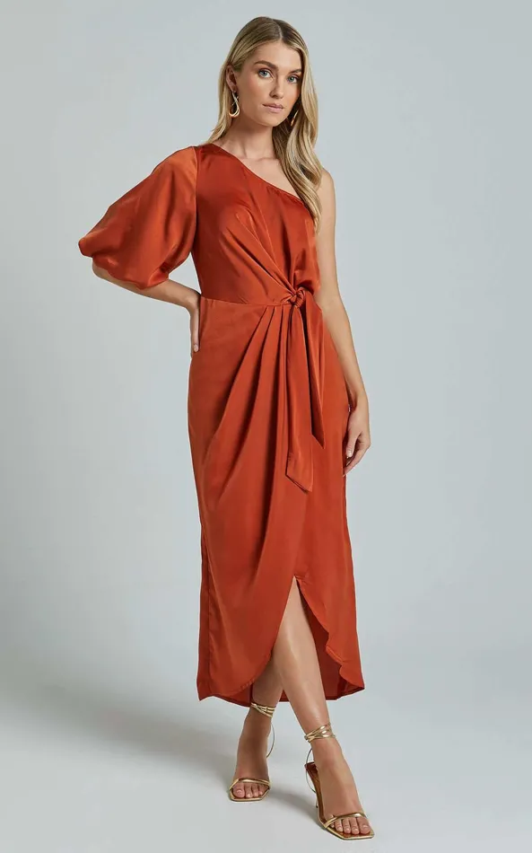 Showpo Janae Midi Dress 8211 One Shoulder 34 Sleeve Wrap In Copper Women Dresses