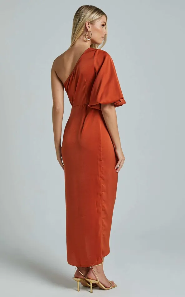 Showpo Janae Midi Dress 8211 One Shoulder 34 Sleeve Wrap In Copper Women Dresses