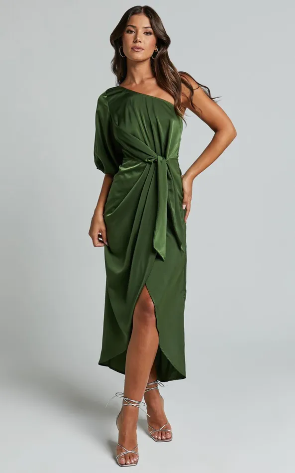 Showpo Janae Midi Dress 8211 One Shoulder 34 Sleeve Wrap In Olive Women Dresses Showpo Janae Midi Dress 8211 One Shoulder 34 Sleeve Wrap In Olive Women Dresses