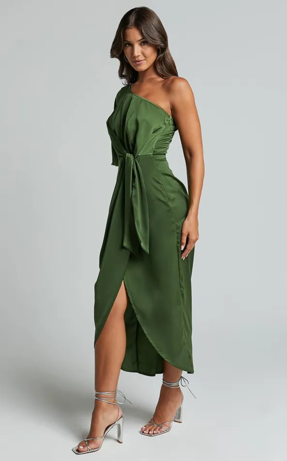 Showpo Janae Midi Dress 8211 One Shoulder 34 Sleeve Wrap In Olive Women Dresses