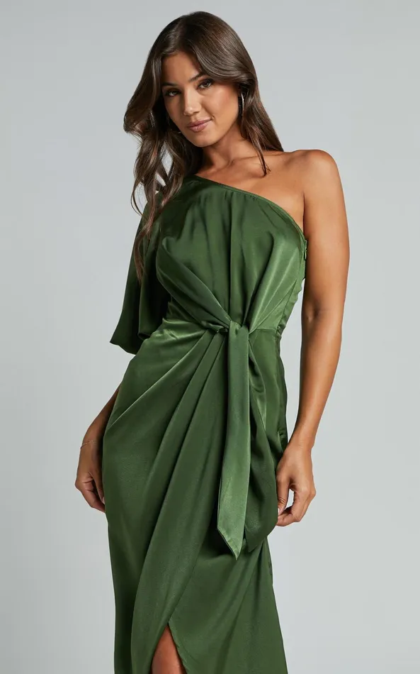 Showpo Janae Midi Dress 8211 One Shoulder 34 Sleeve Wrap In Olive Women Dresses