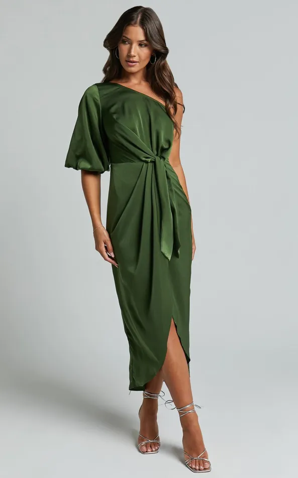 Showpo Janae Midi Dress 8211 One Shoulder 34 Sleeve Wrap In Olive Women Dresses