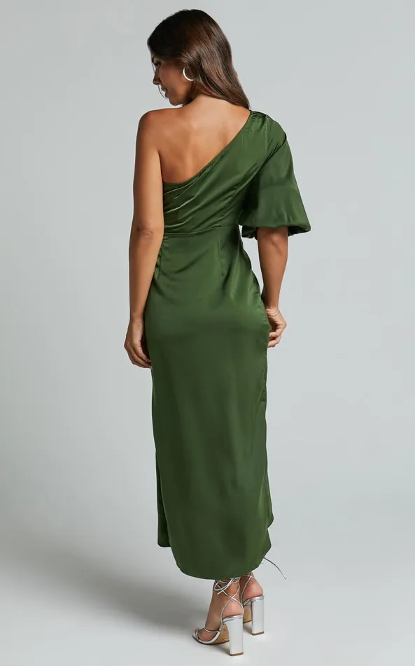 Showpo Janae Midi Dress 8211 One Shoulder 34 Sleeve Wrap In Olive Women Dresses