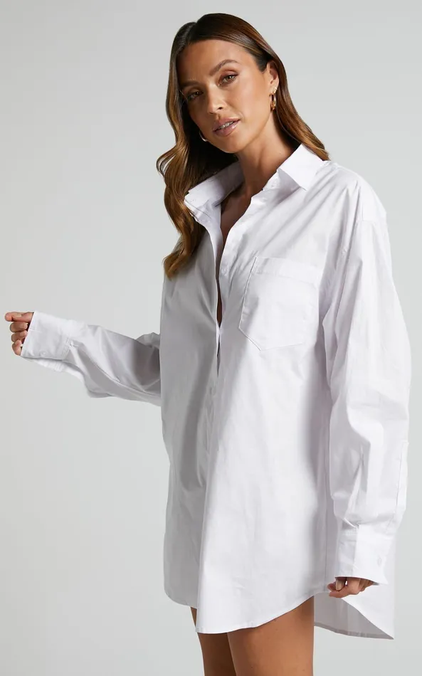 Showpo Janaya Mini Dress 8211 Long Sleeve Shirt Dress In White Women Curve Clothes
