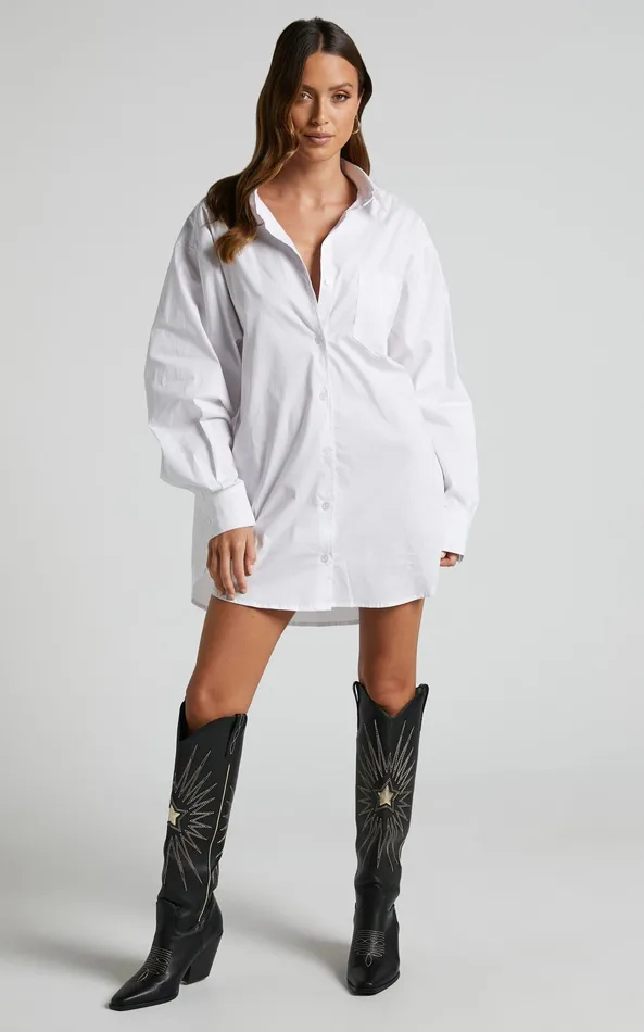 Showpo Janaya Mini Dress 8211 Long Sleeve Shirt Dress In White Women Curve Clothes
