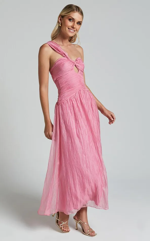 Showpo Janeilla Midi Dress 8211 Ons Shoulder Cut Out Front Ruched Fit And Flare Dress In Pink Women Dresses
