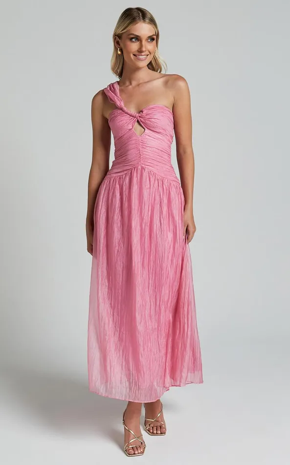 Showpo Janeilla Midi Dress 8211 Ons Shoulder Cut Out Front Ruched Fit And Flare Dress In Pink Women Dresses