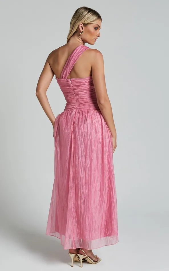 Showpo Janeilla Midi Dress 8211 Ons Shoulder Cut Out Front Ruched Fit And Flare Dress In Pink Women Dresses