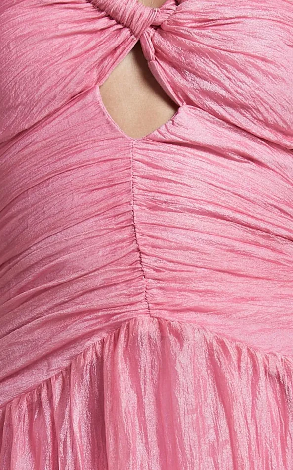 Showpo Janeilla Midi Dress 8211 Ons Shoulder Cut Out Front Ruched Fit And Flare Dress In Pink Women Dresses