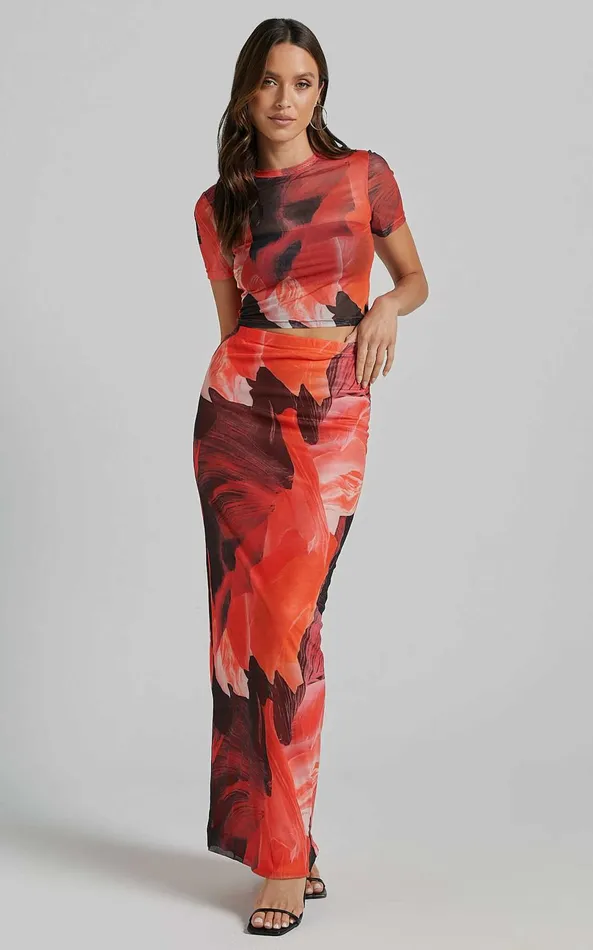 Showpo Janet Top And Skirt Two Piece Set 8211 Short Sleeve Midi Skirt In Black And Peach Floral Women Two Piece Sets and Coords Showpo Janet Top And Skirt Two Piece Set 8211 Short Sleeve Midi Skirt In Black And Peach Floral Women Two Piece Sets and Coords