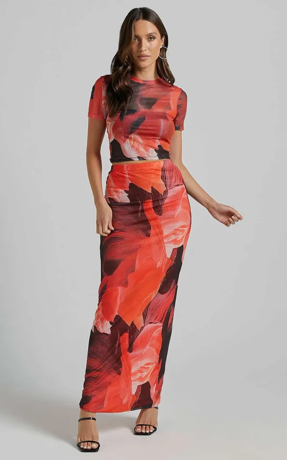 Showpo Janet Top And Skirt Two Piece Set 8211 Short Sleeve Midi Skirt In Black And Peach Floral Women Two Piece Sets and Coords