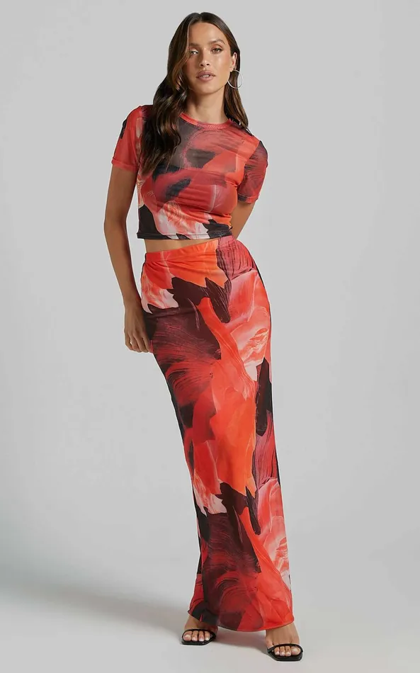Showpo Janet Top And Skirt Two Piece Set 8211 Short Sleeve Midi Skirt In Black And Peach Floral Women Two Piece Sets and Coords