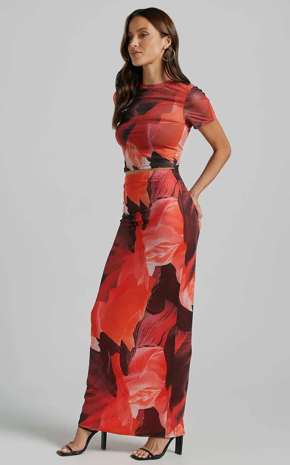 Showpo Janet Top And Skirt Two Piece Set 8211 Short Sleeve Midi Skirt In Black And Peach Floral Women Two Piece Sets and Coords