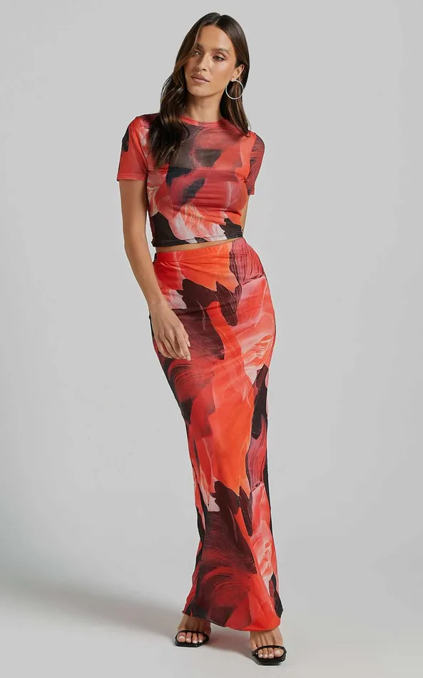 Showpo Janet Top And Skirt Two Piece Set 8211 Short Sleeve Midi Skirt In Black And Peach Floral Women Two Piece Sets and Coords