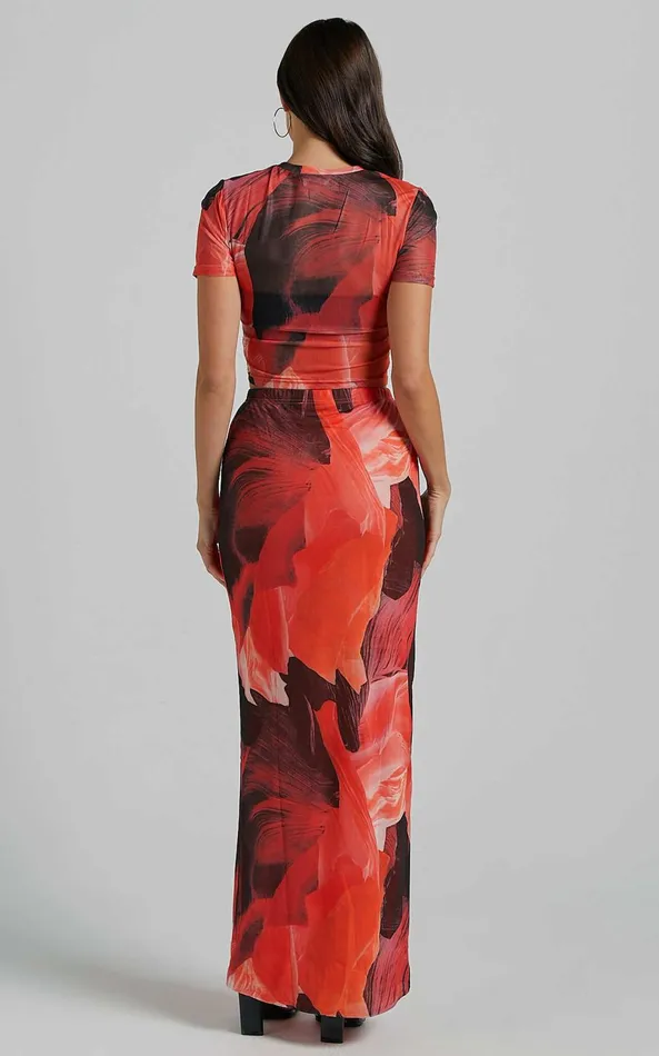 Showpo Janet Top And Skirt Two Piece Set 8211 Short Sleeve Midi Skirt In Black And Peach Floral Women Two Piece Sets and Coords