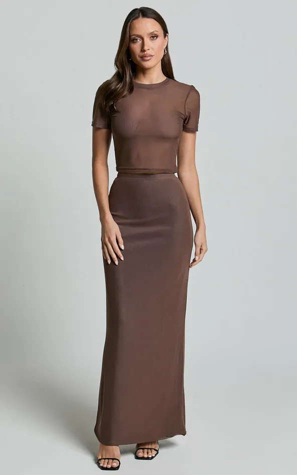 Showpo Janet Top And Skirt Two Piece Set 8211 Short Sleeve Midi Skirt In Chocolate Women Two Piece Sets and Coords Showpo Janet Top And Skirt Two Piece Set 8211 Short Sleeve Midi Skirt In Chocolate Women Two Piece Sets and Coords
