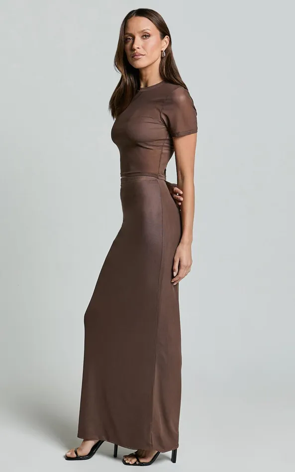 Showpo Janet Top And Skirt Two Piece Set 8211 Short Sleeve Midi Skirt In Chocolate Women Two Piece Sets and Coords