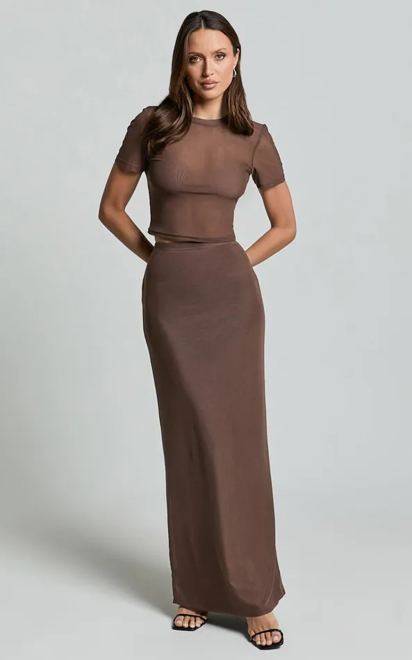 Showpo Janet Top And Skirt Two Piece Set 8211 Short Sleeve Midi Skirt In Chocolate Women Two Piece Sets and Coords