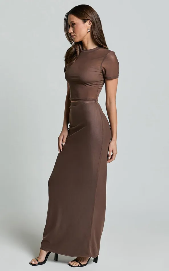 Showpo Janet Top And Skirt Two Piece Set 8211 Short Sleeve Midi Skirt In Chocolate Women Two Piece Sets and Coords