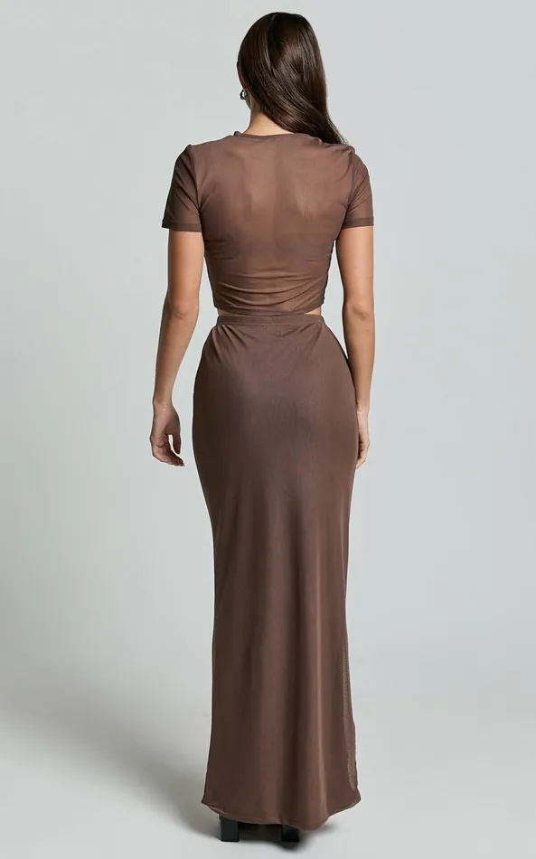 Showpo Janet Top And Skirt Two Piece Set 8211 Short Sleeve Midi Skirt In Chocolate Women Two Piece Sets and Coords